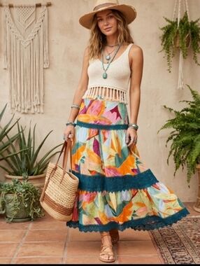Women's Botanical Tiered Maxi Skirt Vibrant Color Crochet Lace Inset Size Medium